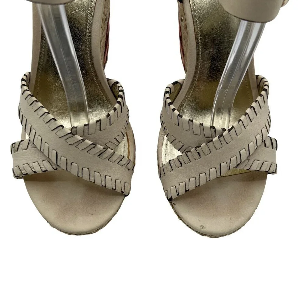 Coach Justeen 9.5 Butterfly Floral Design Woven Espadrille Wedge Leather Sandals